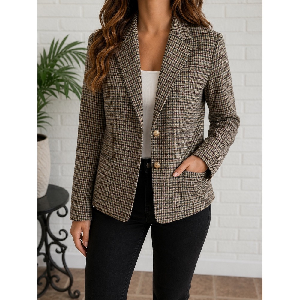 Talbots Blazer Women 14P Green Plaid Wool Blend Excellent Gold Button Jacket